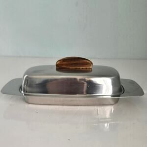 MCM Selandia Denmark Butter Dish Stainless Steel Wood Danish Mod No Glass Tray